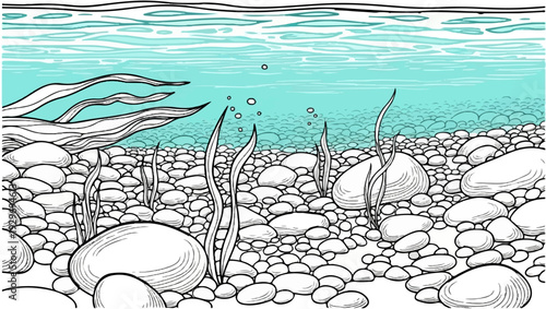 A serene underwater scene featuring rounded pebbles, aquatic plants, and subtle ripples on the surface