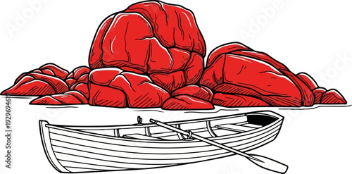 A rowboat rests on calm water before a cluster of large, shiny, red rocks