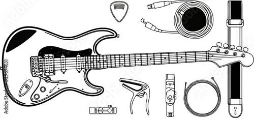 An artistic illustration of an electric guitar and its accessories laid out flat