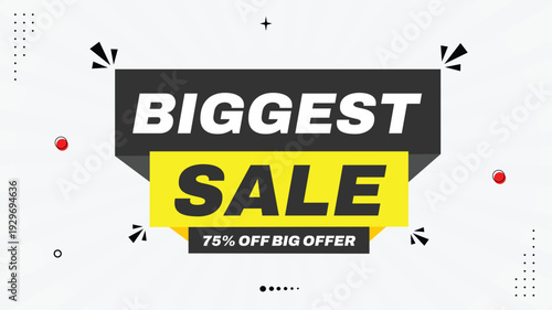 Biggest Sale Banner 75% Off – Big Offer Promotion Template with Modern Element Shapes, Black Red White Gradient Background, Discount Marketing Vector Design