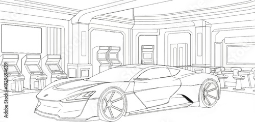 Sleek sports car parked in a futuristic arcade with gaming machines