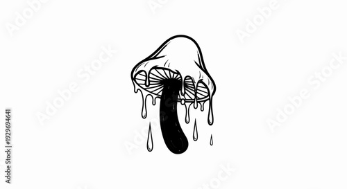 A stylized black and white illustration of a mushroom with dripping cap