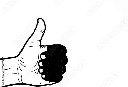 Black and white illustration of a hand giving a thumbs up with dark fingers