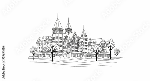 Detailed black and white sketch of a large, multi-story building with spires and trees