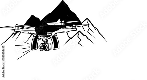 A drone with a camera in front of a mountain range