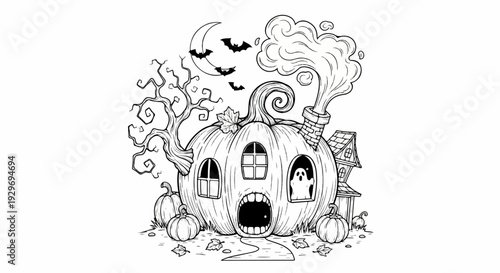 Whimsical pumpkin house with ghost, bats, and a spooky tree