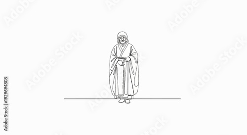 A person in traditional robes and headdress stands holding hands