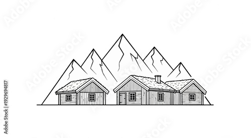 A black and white sketch of three rustic wooden cabins nestled against a backdrop of sharp, angular mountains