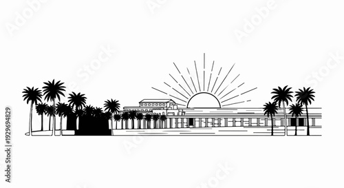 A linear graphic depicts a sunburst over a stylized building and palm trees