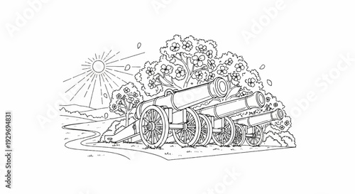 Cannon line-up on a sunny day with blooming trees and rolling hills