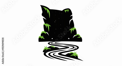 Stylized waterfall cascading over black rocks with a winding river below