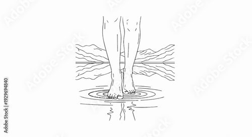 Stylized line art of bare feet stepping into rippling water with a mountain landscape reflection