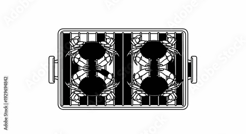 Four crabs are arranged on a grill, ready for cooking