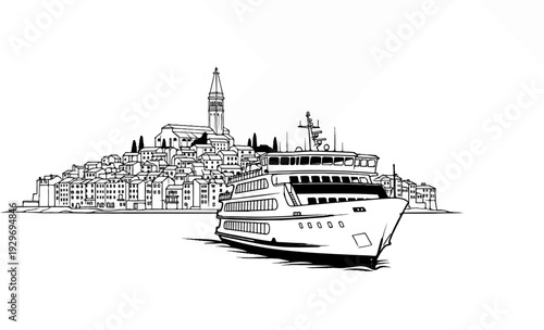 Black and white sketch of a cruise ship approaching a coastal town