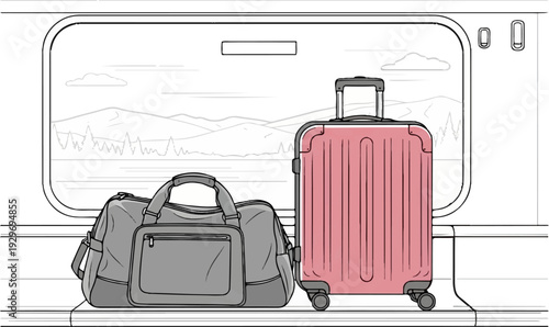 Luggage by the train window, with a view of mountains and clouds beyond