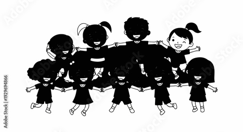 Group of diverse, joyful children holding hands in a circle, conveying unity and happiness