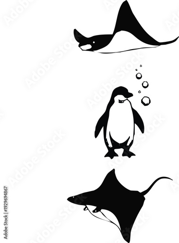 A charming illustration depicts a penguin and two manta rays swimming amongst bubbles presented as a silhouette high quality professional detailed
