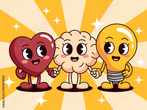 Cartoon heart, brain, and lightbulb characters standing together in harmony and friendship