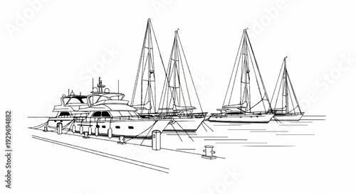 A detailed line drawing depicts a variety of yachts and sailboats docked at a harbor