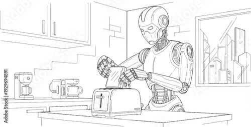A humanoid robot places toast into a toaster in a modern kitchen