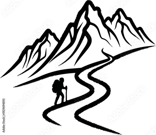 Silhouette of a lone hiker with a backpack and trekking pole on a winding path towards majestic mountains