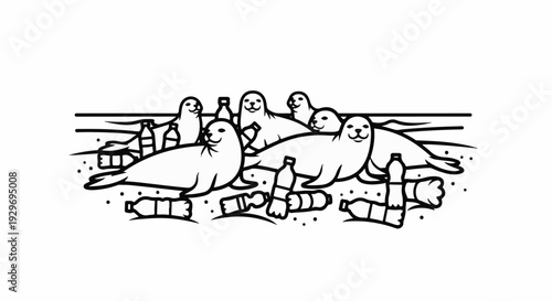 Several seals gather on a beach littered with plastic bottles and debris