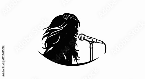 Silhouette of a woman singing into a microphone, with flowing hair
