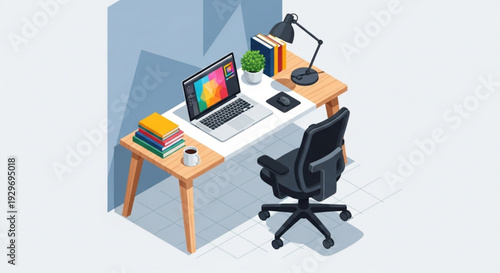 Modern home office workspace with laptop books and lamp on wooden desk black chair and green plant