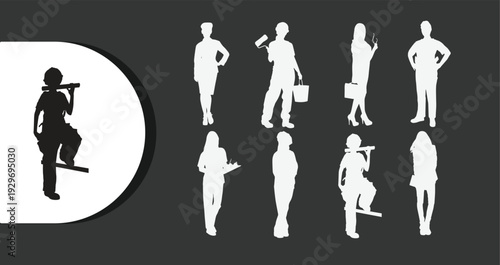 Diverse professionals in various business poses and actions