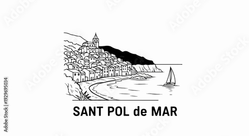 Black and white sketch of a coastal town with buildings cascading down a hillside to a bay with a sailboat