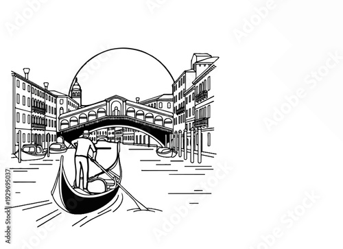 A gondola glides through a canal, beneath a grand arched bridge and historic buildings