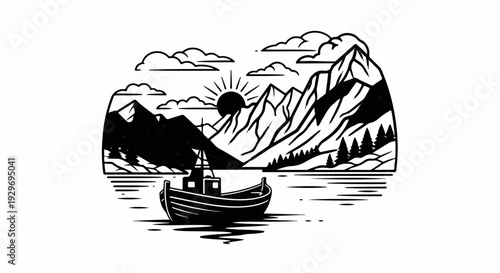 A serene boat floats on calm waters before majestic, sunlit mountains and clouds