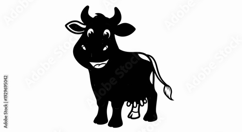 Cheerful black and white cartoon cow with spots and udder on white background