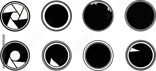Collection of abstract circular graphic elements representing aperture or iris diaphragms