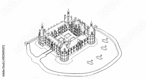 Isometric sketch of a grand chateau with a moat and swans