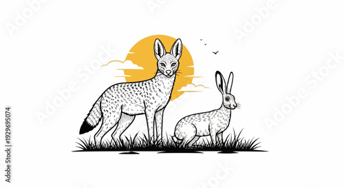 A fox and a rabbit stand in grass under a setting sun with birds flying