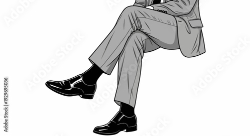 A man's legs in a gray suit and black shoes, crossed at the knees