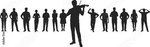 Large collection of black silhouettes featuring a professional violinist playing music and diverse men and women standing in a row isolated on white background