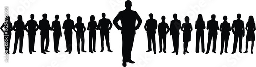 Large collection of black silhouettes featuring diverse business men and women in professional suits standing and posing isolated on white background for corporate concepts