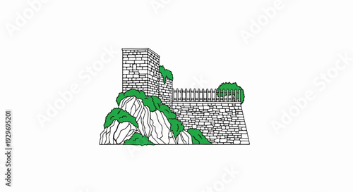 A fortress or castle structure made of stone, perched on a rocky incline with lush green bushes
