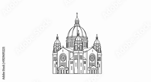 A grand, domed structure with arched windows and intricate details, rendered in black and white