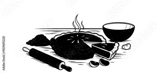 A still life depicts a freshly baked pie with a slice removed, surrounded by baking ingredients