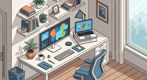 Home office workspace with computer laptop and books on shelves modern interior design