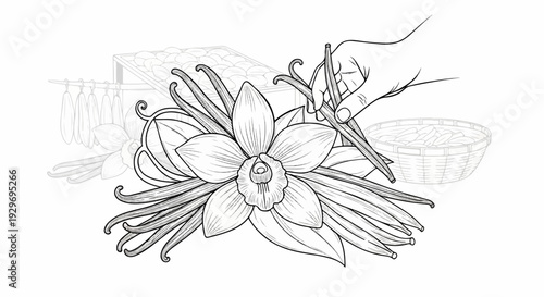 Close-up hand tending to vanilla orchid bloom and pods, basket and drying rack