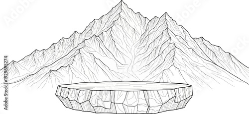 Jagged mountain peaks rise behind a flat, rocky plateau with a water surface
