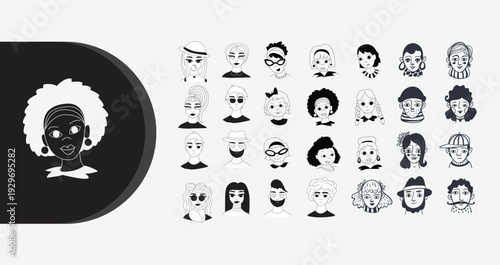 Diverse cartoon faces collection in modern minimalist style