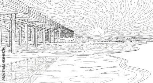 Wooden pier extends over gentle ocean waves under a dramatic, streaky sunset