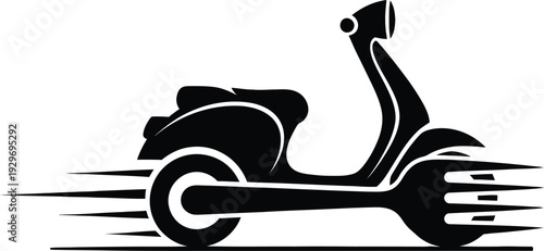 A black silhouette of a scooter in motion on a white background.