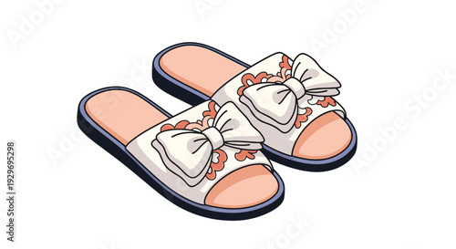 Pair of elegant white bedroom slippers with large bows and delicate peach lace patterns for a cozy home feel.