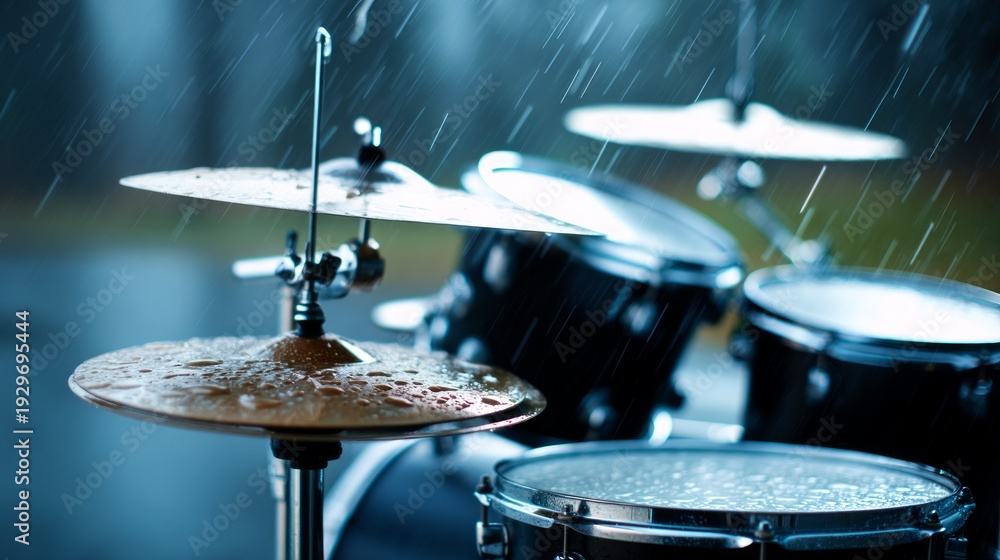 Obraz premium Drumming in Rain: Musical Kit with Raindrops on Cymbals and Drums